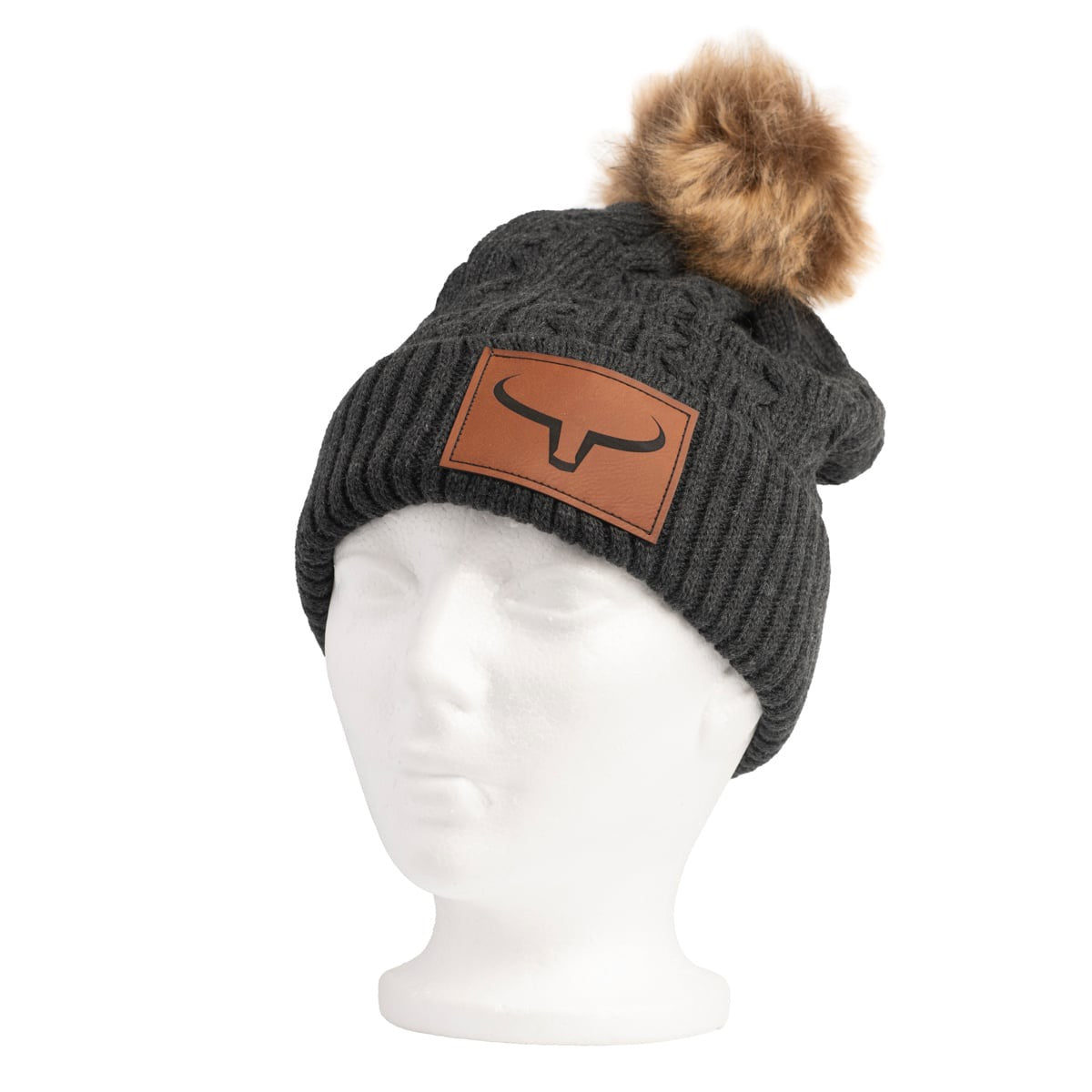 Tuque à Pompon Fourrure | Gris & Patch de Cuir