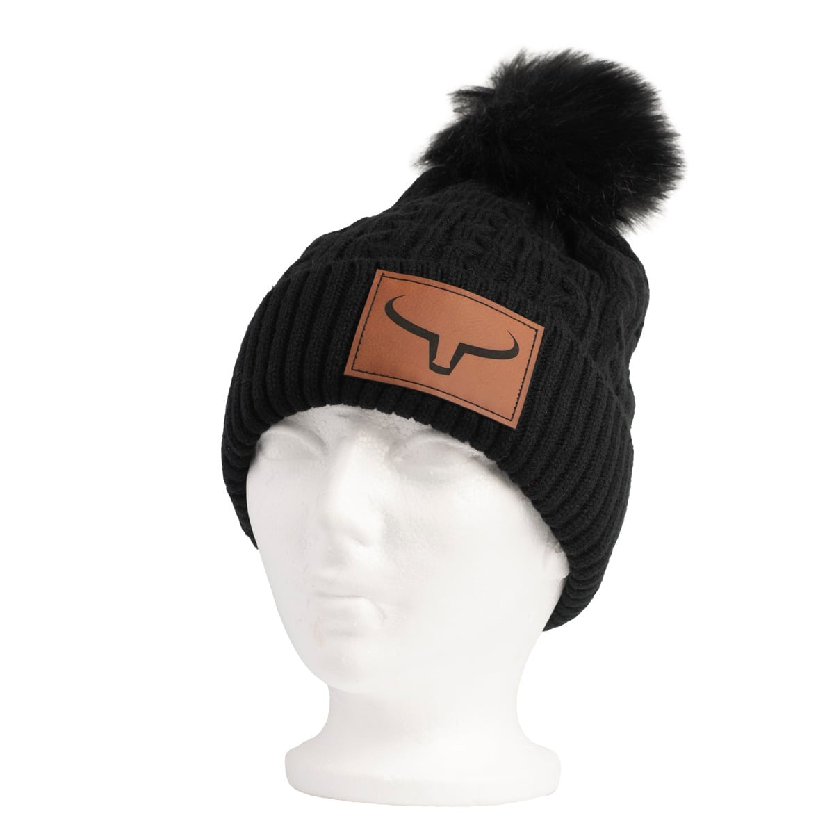 Tuque à Pompon Fourrure | Noir & Patch de Cuir