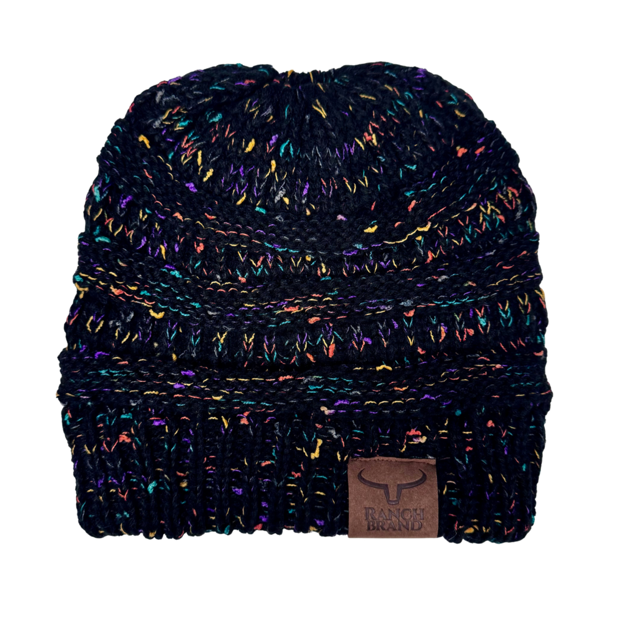 Ponytail Beanie | Black Mix Color | Leather Patch