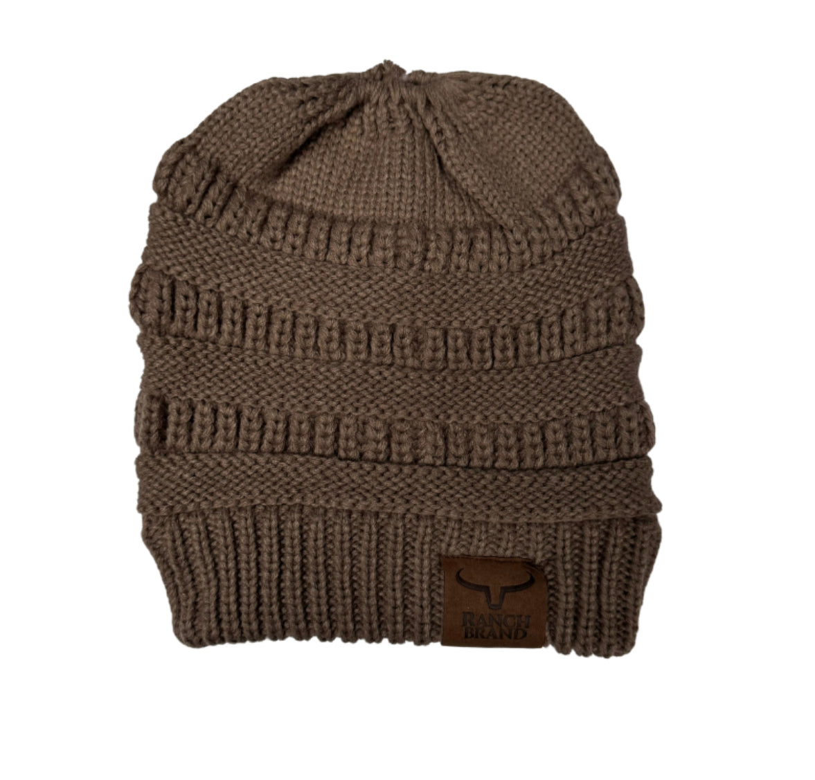 Ponytail Beanie | Taupe | Leather Patch