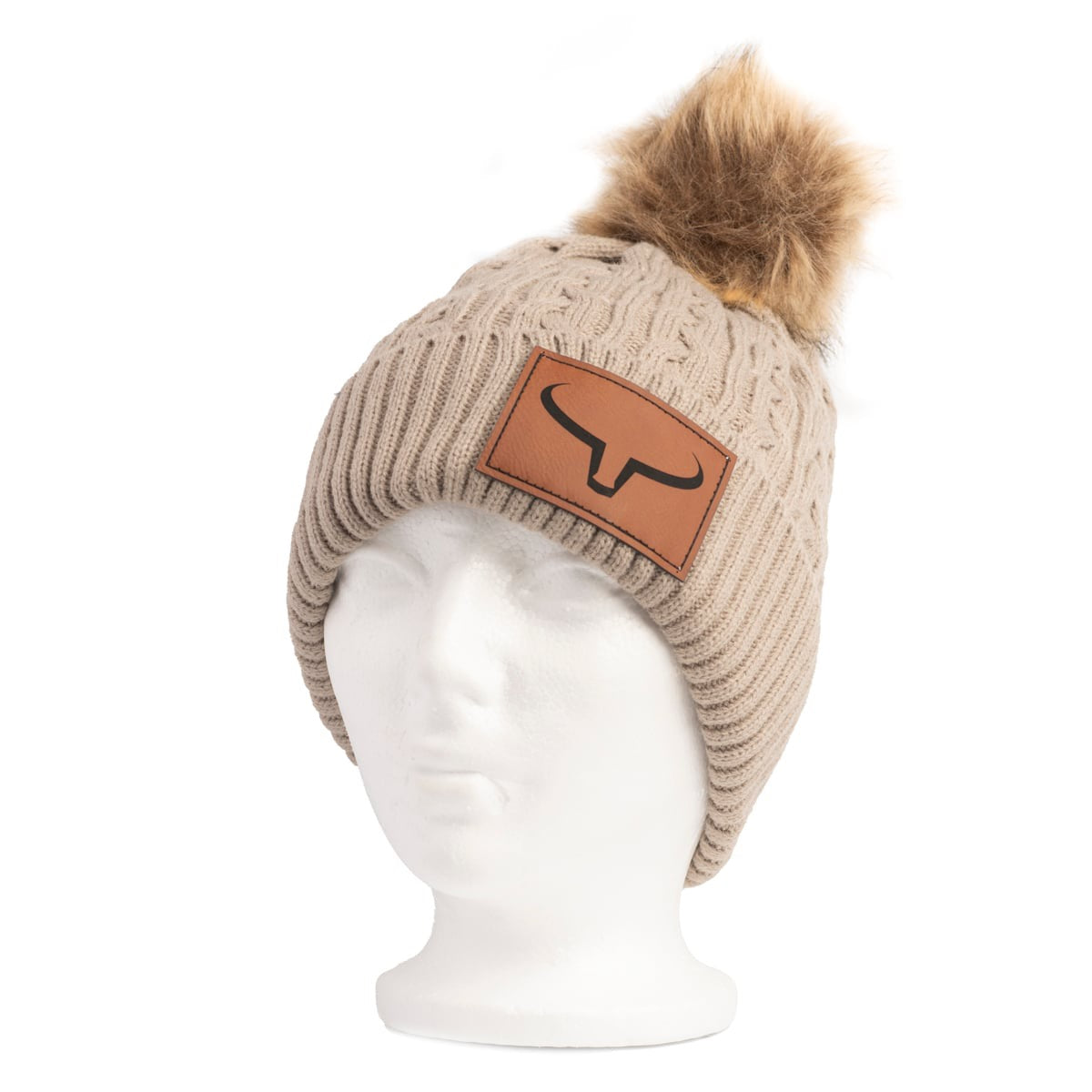 Tuque à Pompon Fourrure | Taupe & Patch de Cuir
