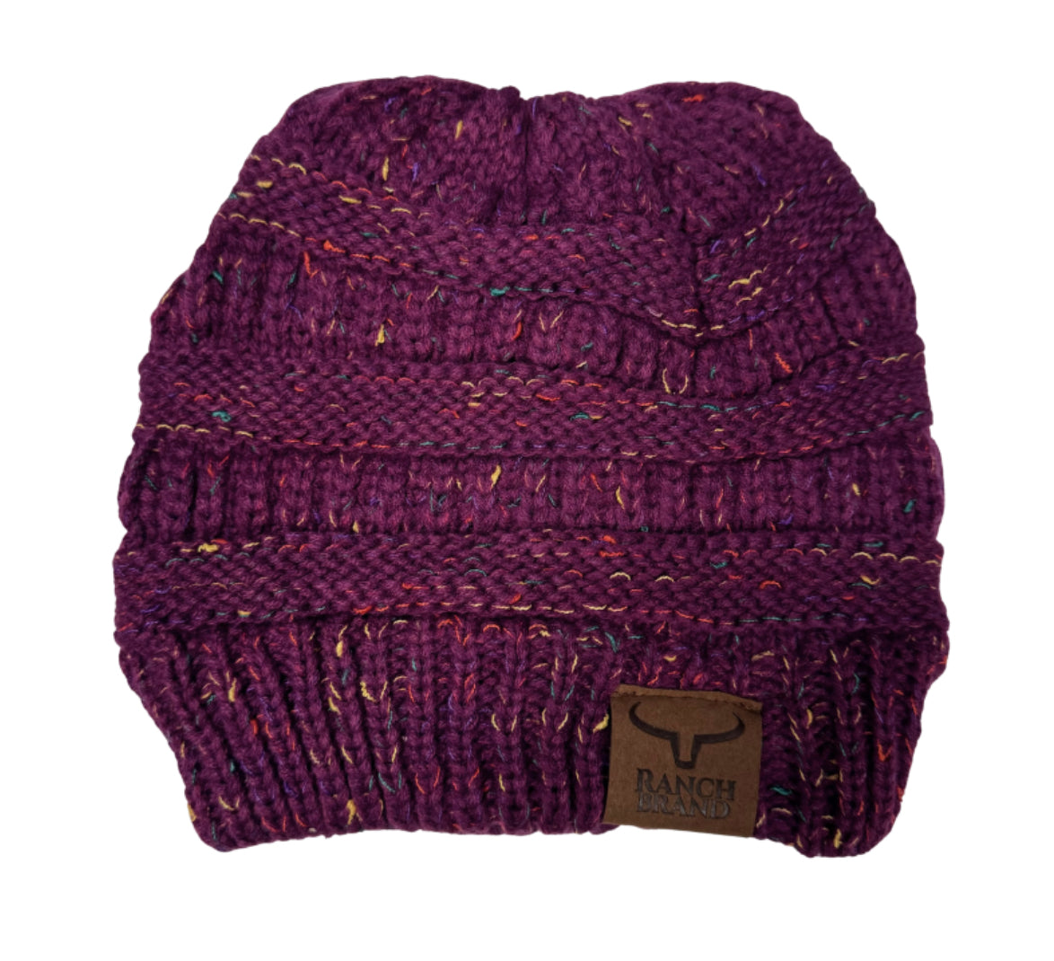 Ponytail Beanie | Raspberry Mix Color | Leather Patch