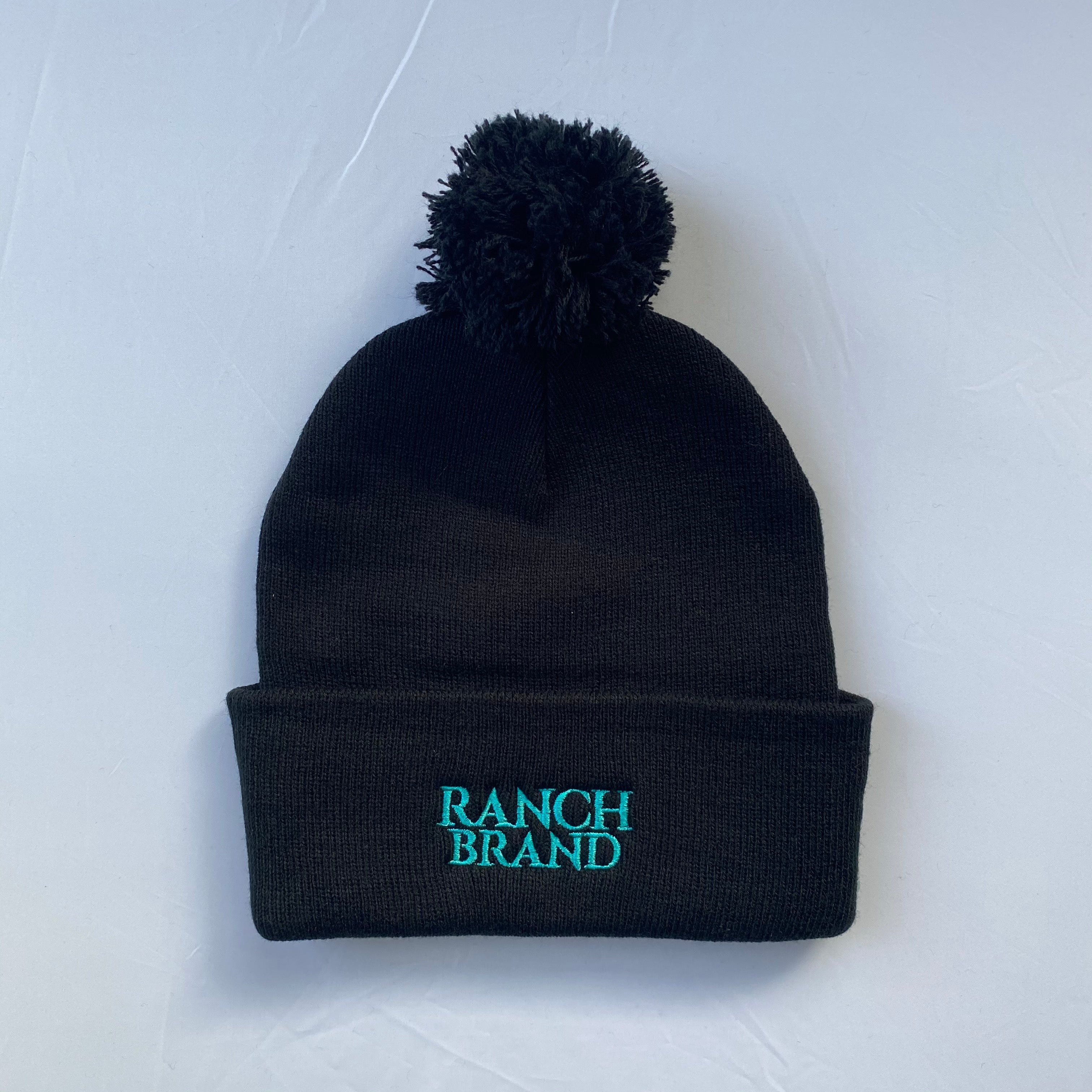 Pompom Hat | Black & Black Tie | Logo Turquoise