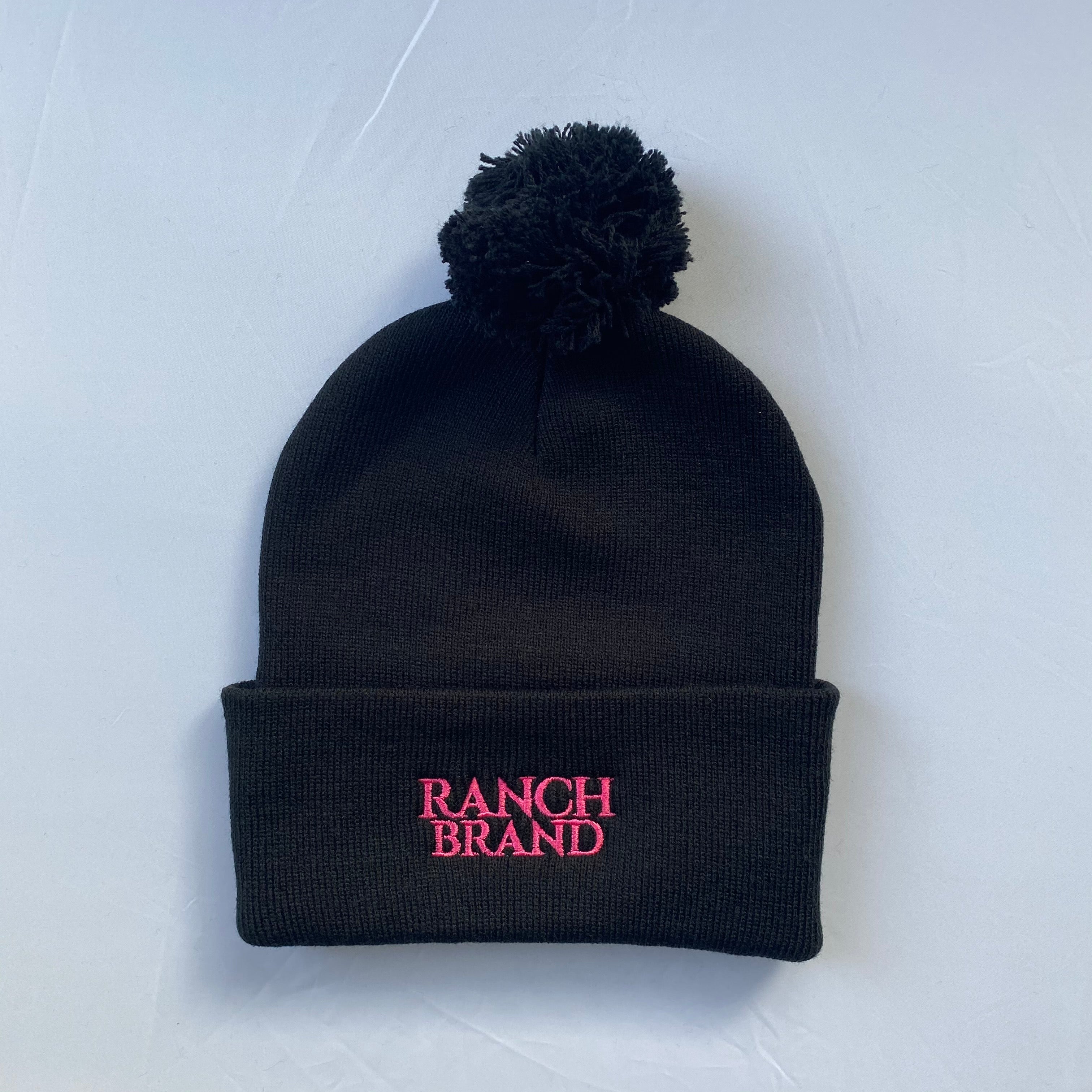 Pompom Hat | Black & Black Fold | Logo Pink