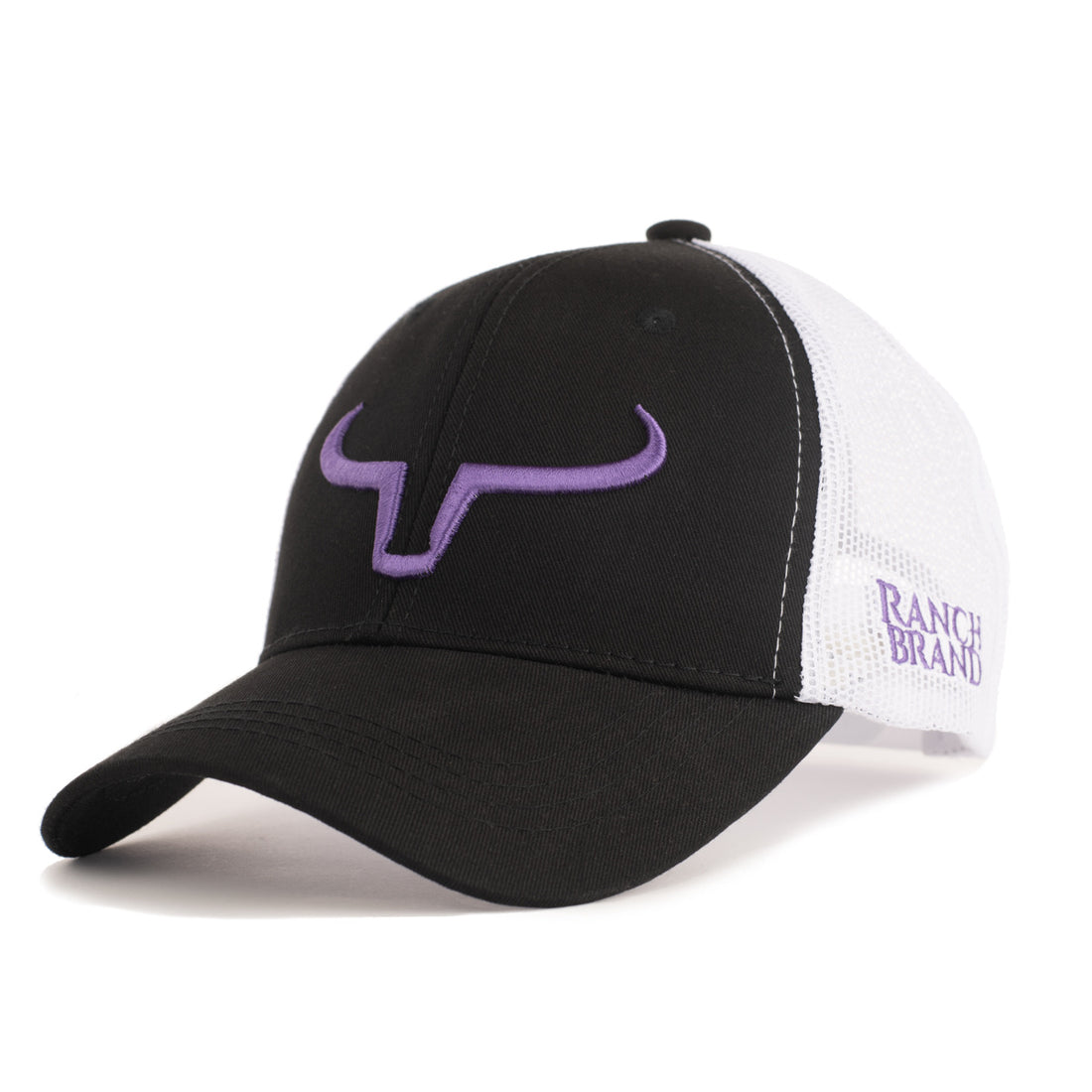 Casquette de camionneur western, de couleur noir et blanc. Avec logo Ranch Brand violet