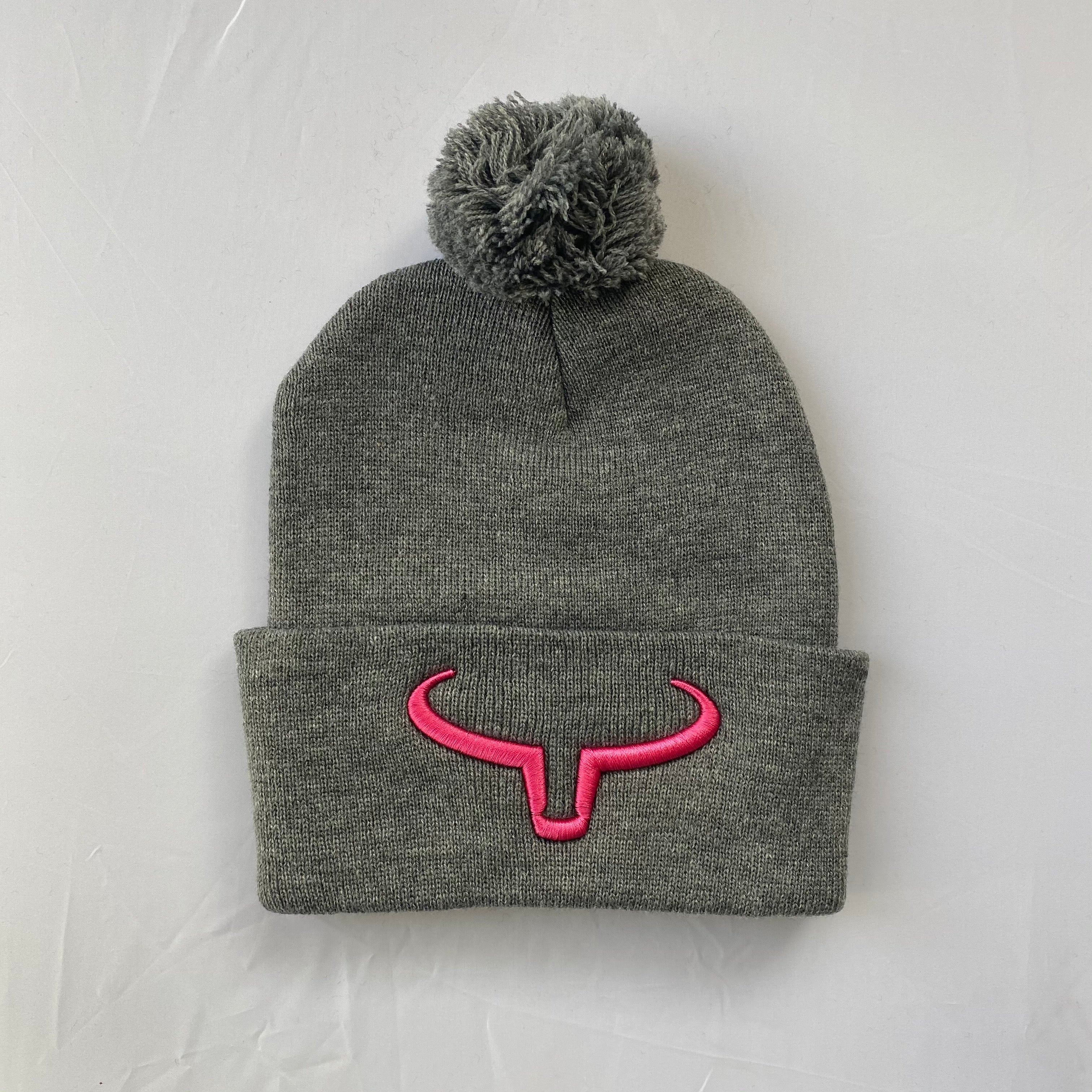Pompom Hat | Gray & Gray Flap | Logo Pink