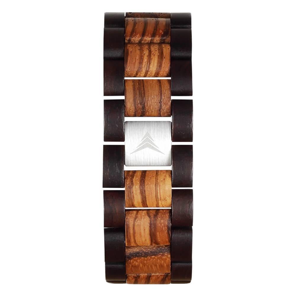 Montre en bois noir et zebre a cadran rond. Vue du bracelet