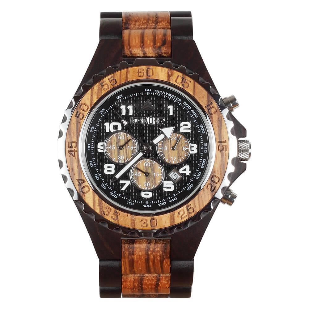 Montre en bois noir et zebre a cadran rond. Vue du cadran