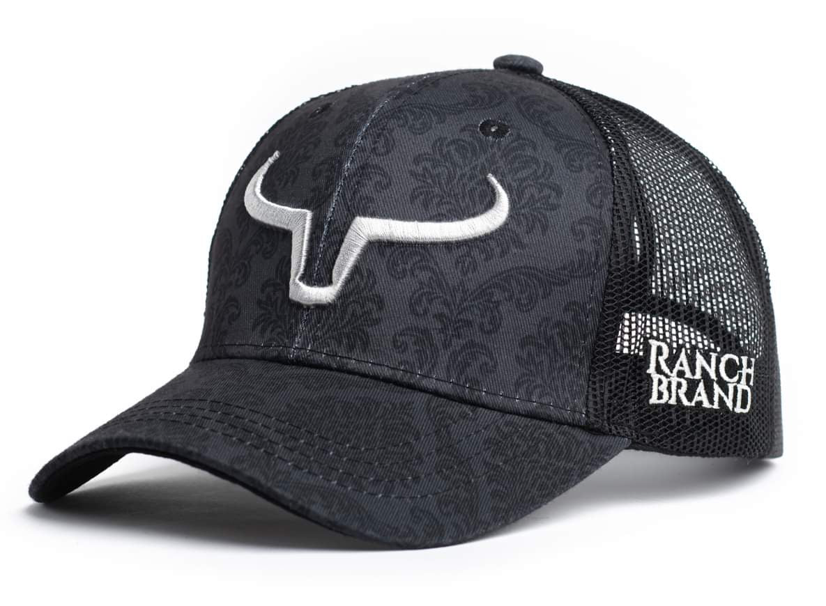 Casquette de camionneur western, a motifs fleurs noir. Avec logo Ranch Brand