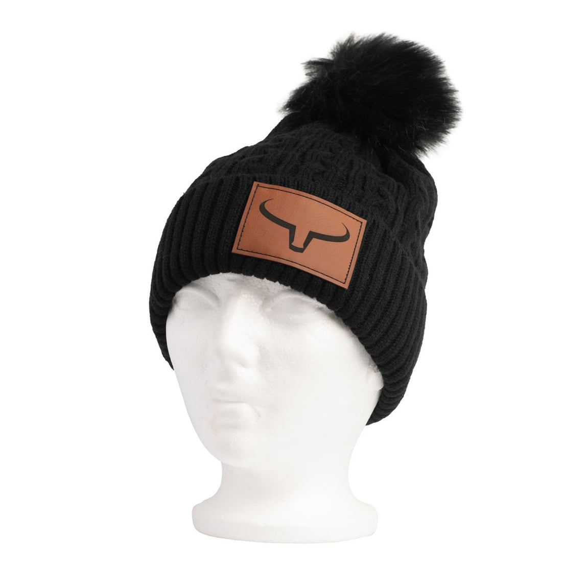 Fur Pom Pom Beanie | Black &amp; Leather Patch