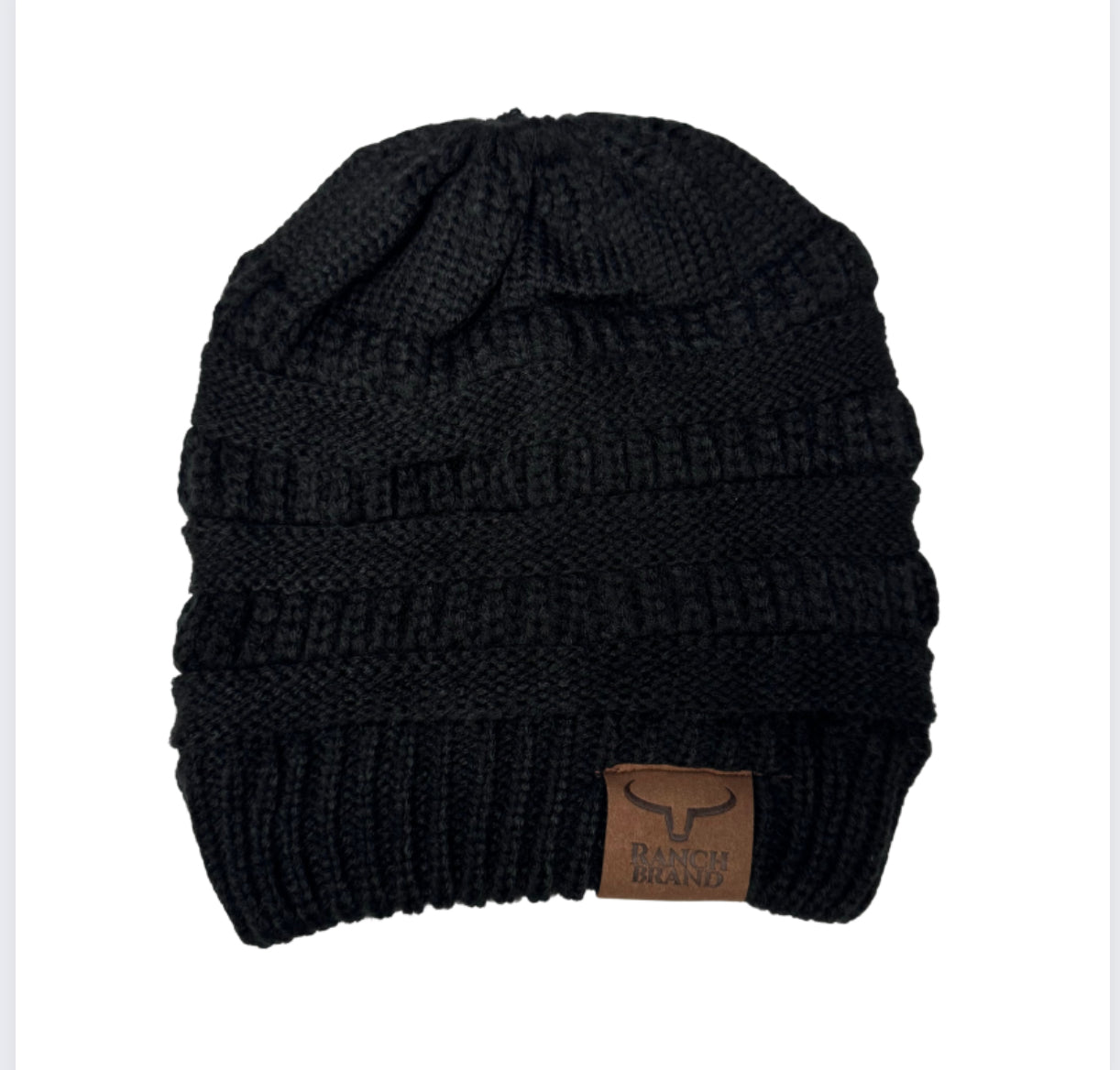 Ponytail Beanie | Black  | Leather Patch