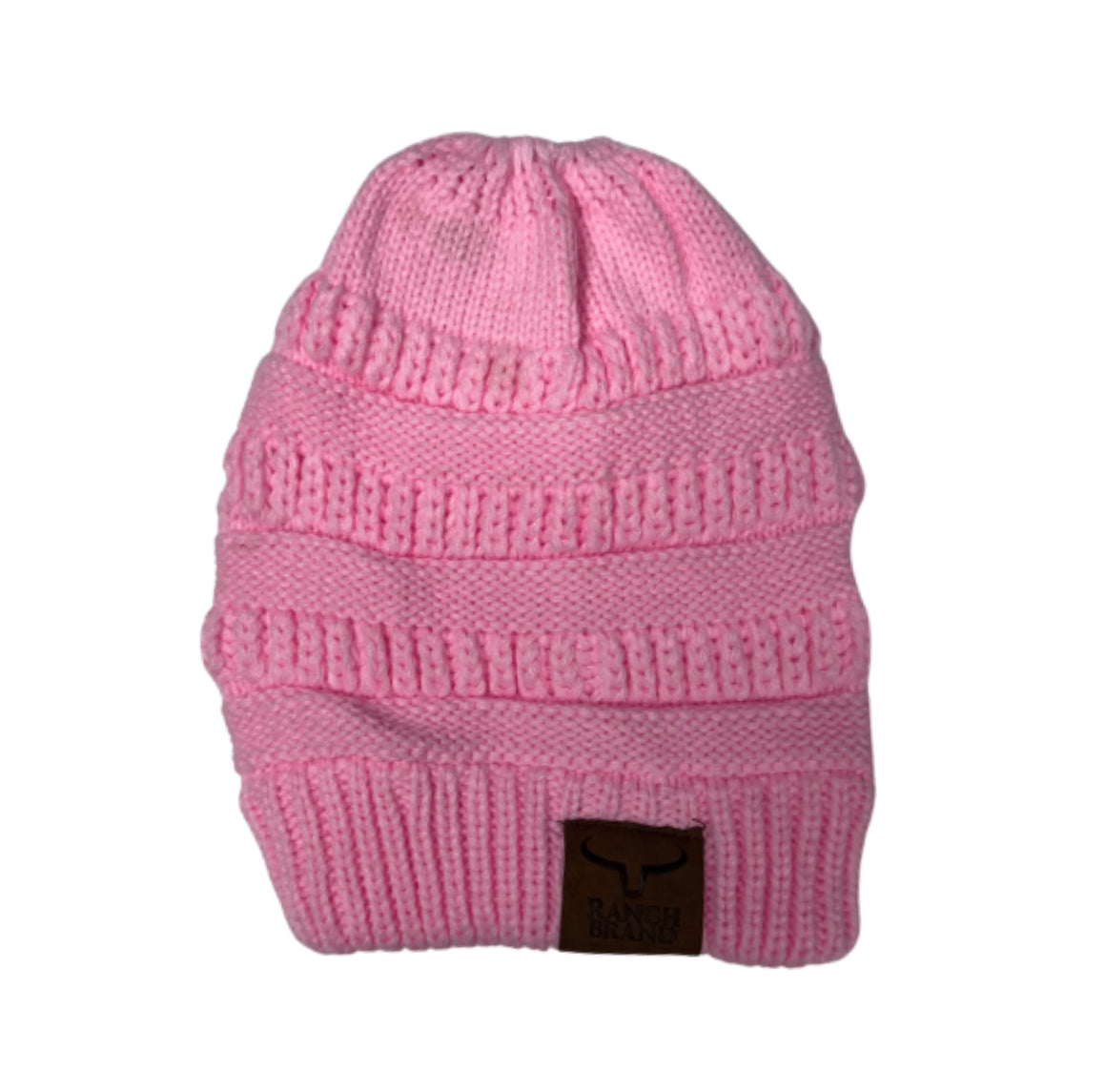 Ponytail Beanie | Pink  | Leather Patch