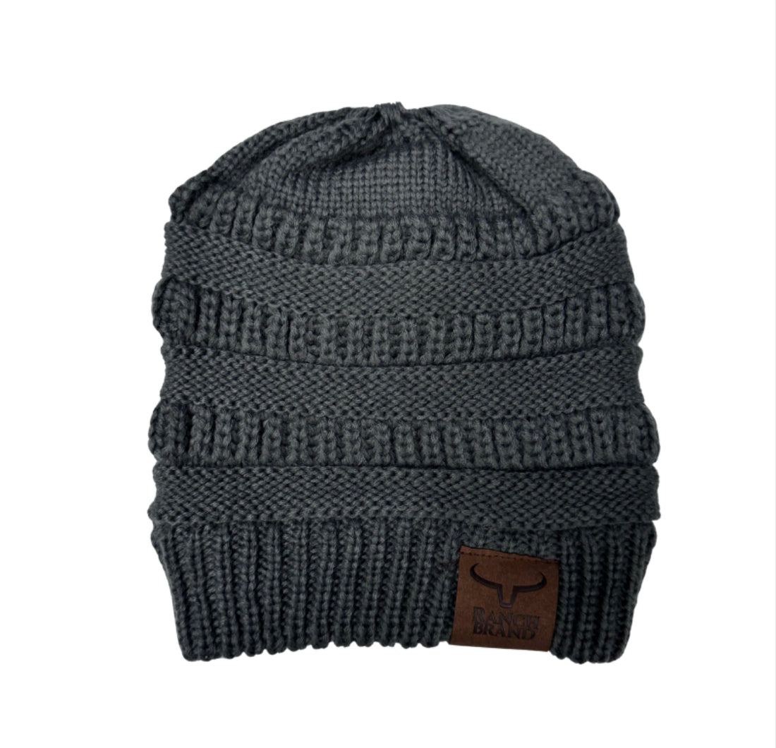 Ponytail Beanie | Dark Gray  | Leather Patch