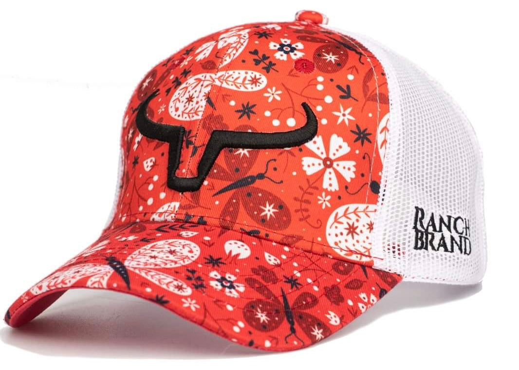 Casquette de camionneur western, de couleur orange et blanc, et motif fleurs. Avec logo Ranch Brand rose