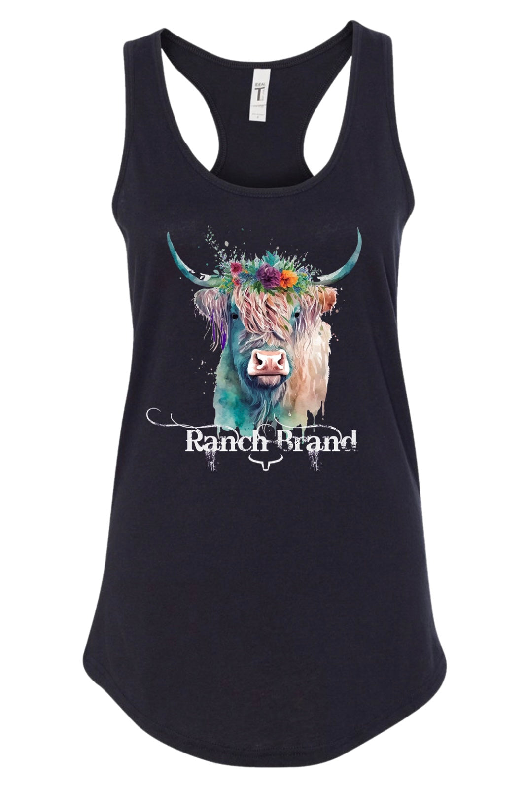 Camisole western noire, graphique vache et logo Ranch Brand de couleur blanche