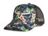 Casquette de camionneur western, de couleur noire et motif tropical. Avec logo Ranch Brand beige.