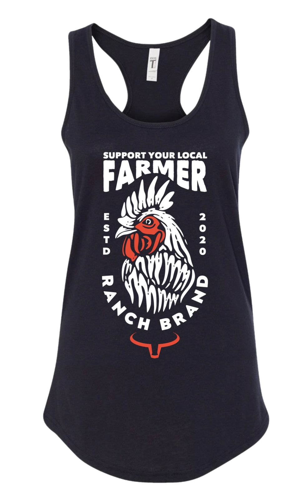 Camisole western noire, graphique coq et logo Ranch Brand de couleur blanche