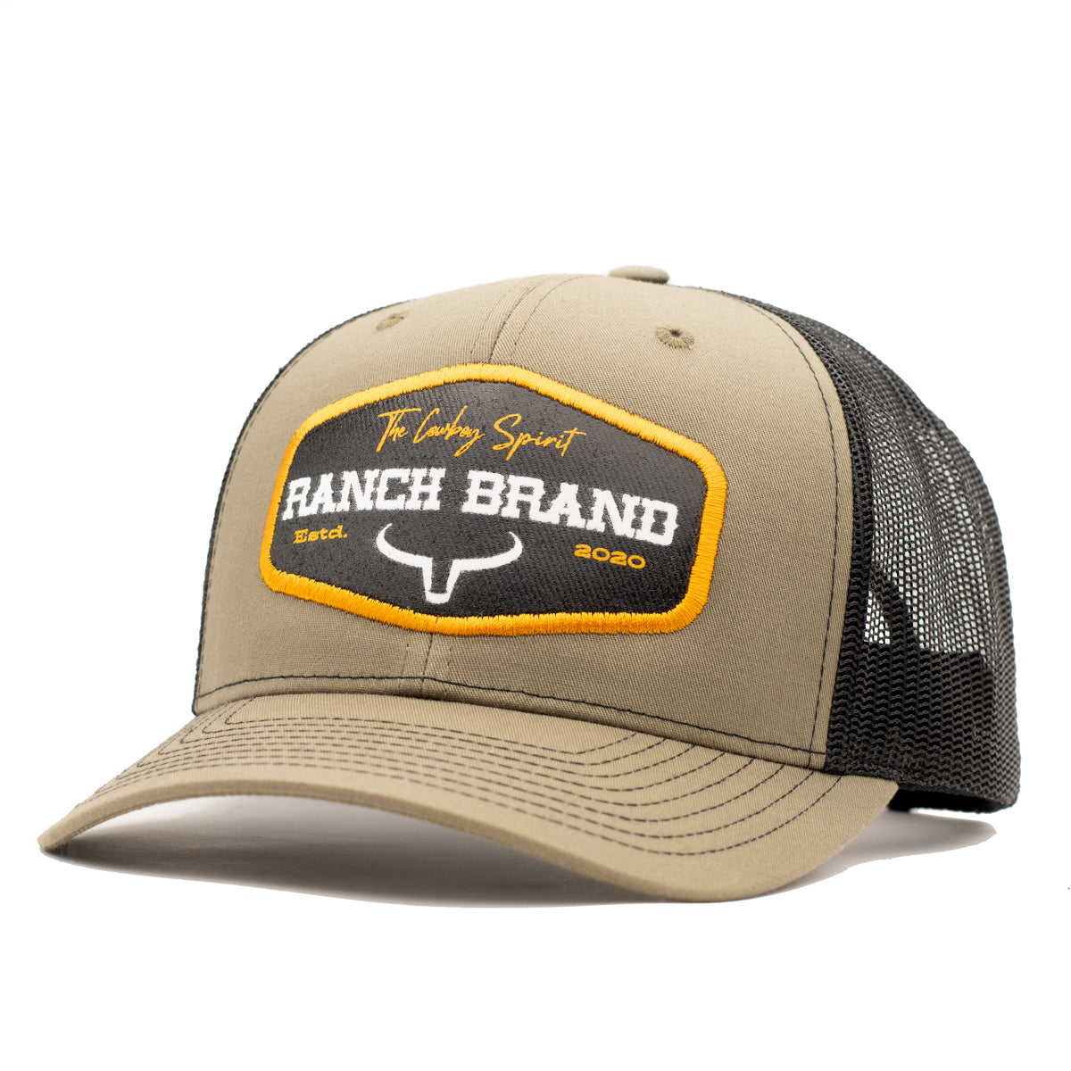 Casquette de camionneur western, de couleur beige, noir et jaune. Avec logo Ranch Brand