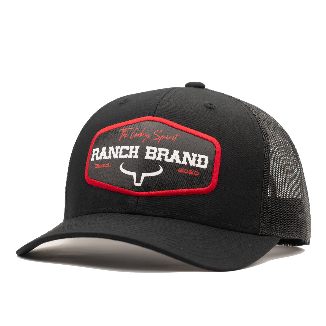 Casquette de camionneur western, de couleur noir et rouge. Avec logo Ranch Brand