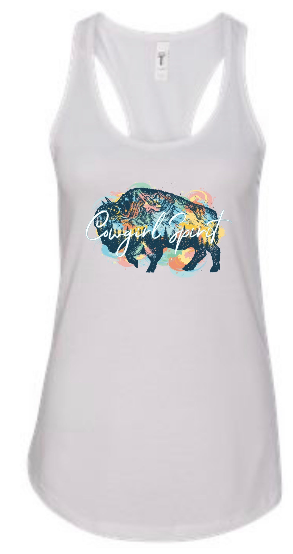 Camisole western blanche, avec graphique bleu, jaune, rouge