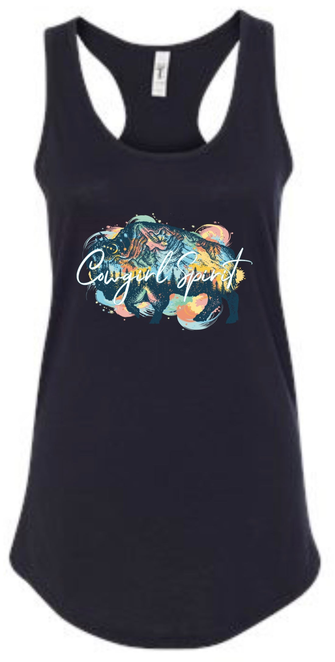 Camisole western noire, avec graphique bleu, jaune, rouge