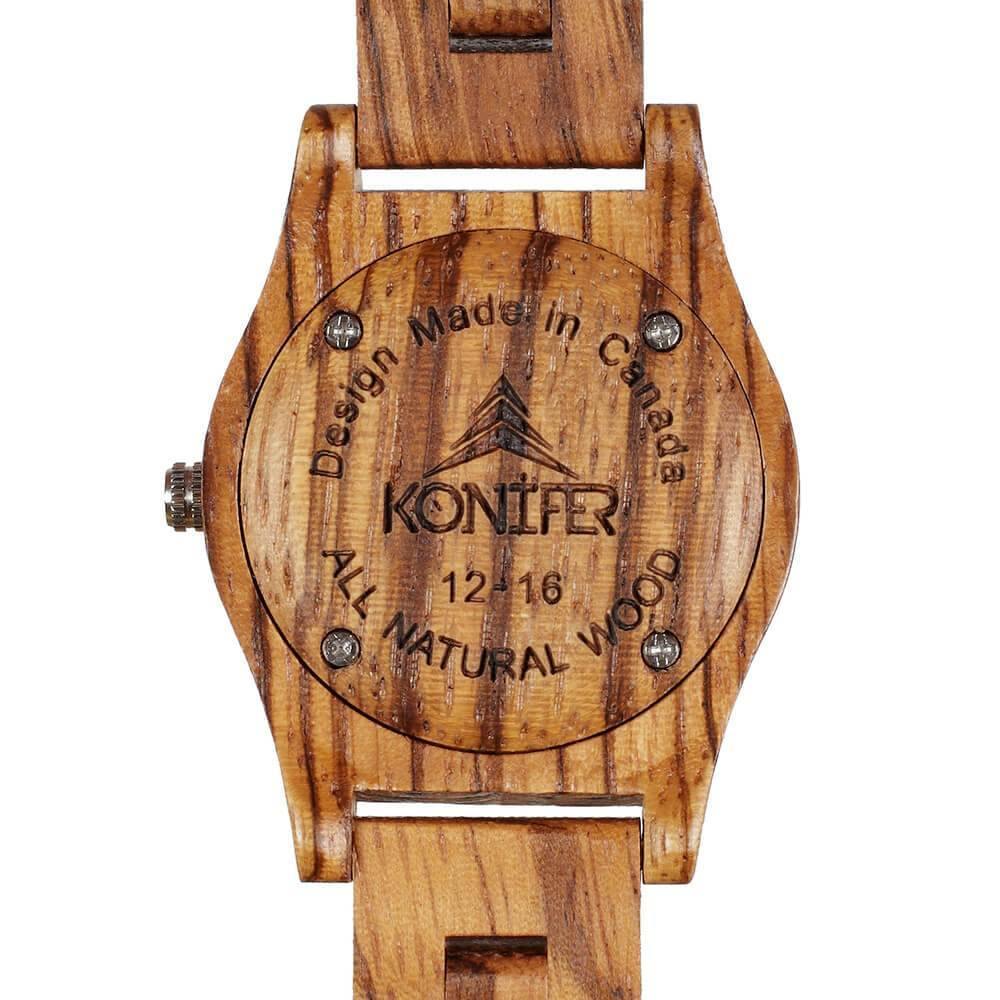 Montre western en bois zebre. Vue arriere