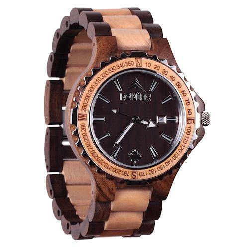 Montre en bois marron et beige a cadran rond. Vue de face