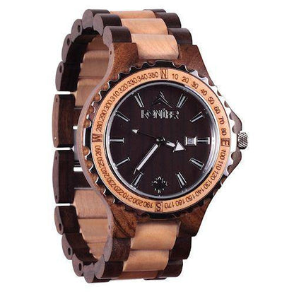 Montre en bois marron et beige a cadran rond. Vue de face