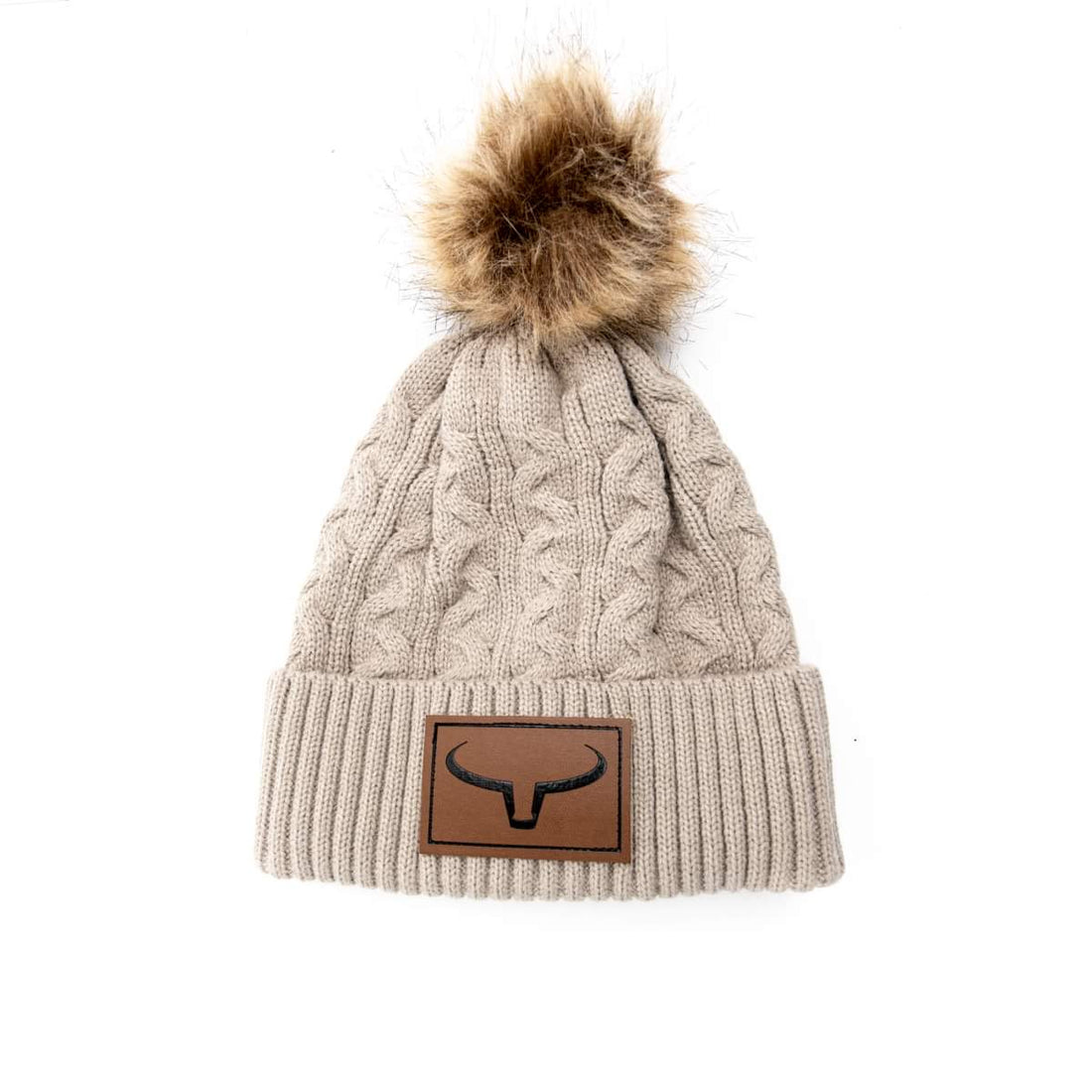 Tuque à Pompon Fourrure | Taupe &amp; Patch de Cuir