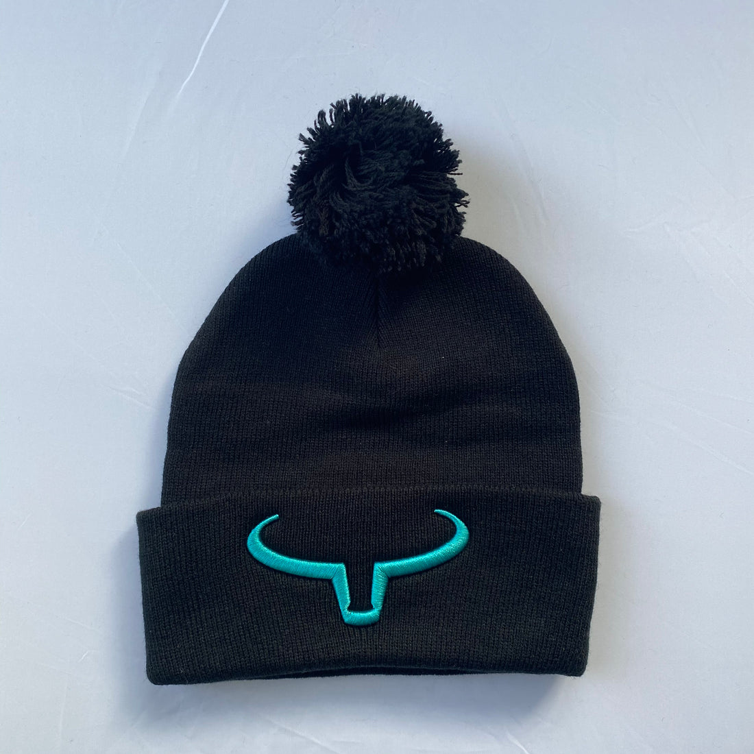 Tuque à Pompon | Noir &amp; Rabat Noir | Logo Turquoise