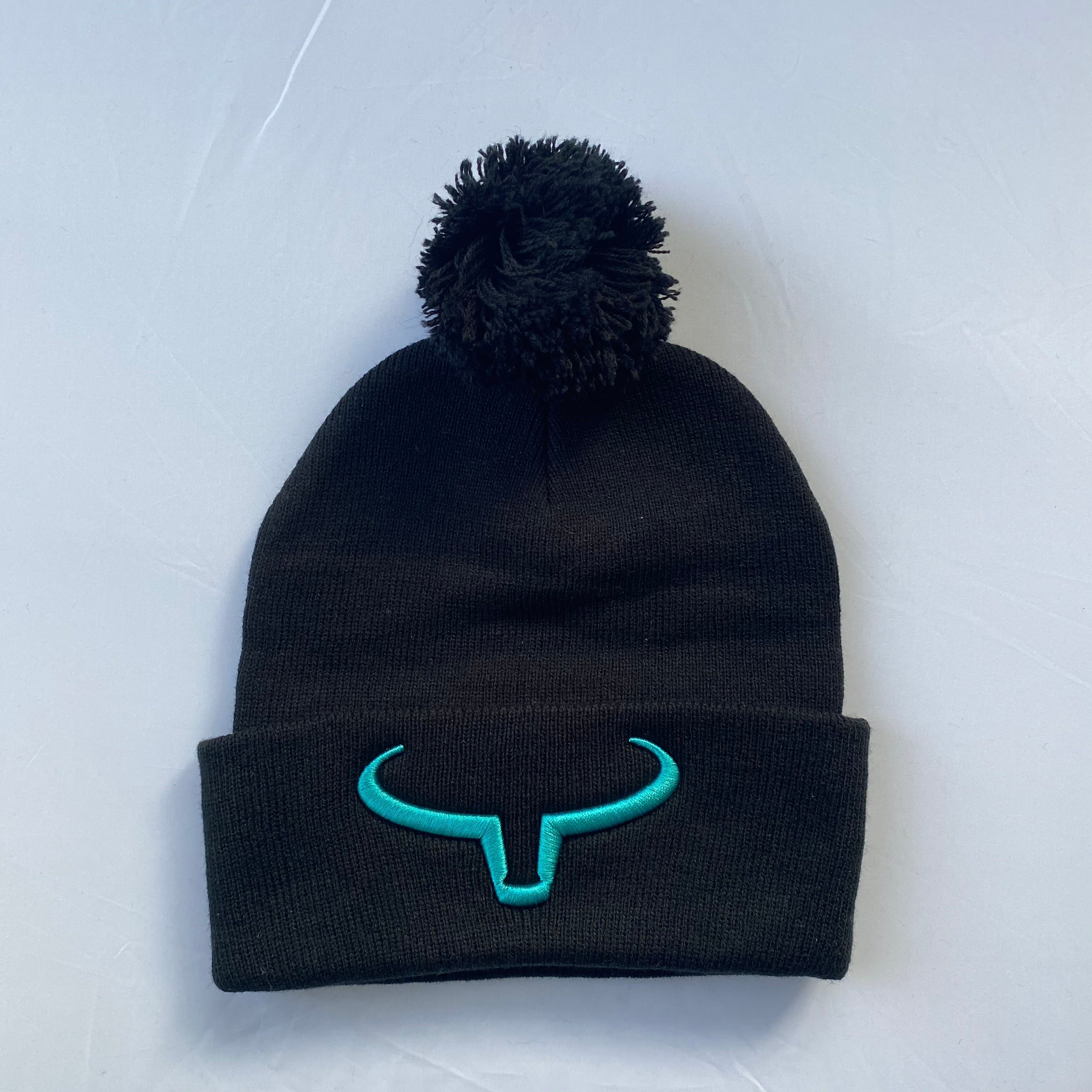 Tuque à Pompon | Noir &amp; Rabat Noir | Logo Turquoise