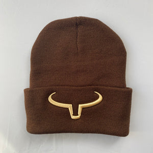 Beanie Hat | Brown & Brown Flap | Gold Logo