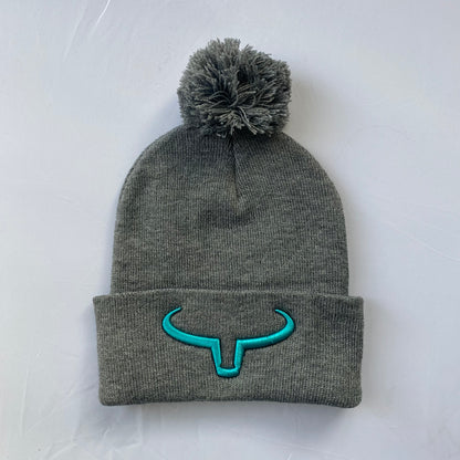 Pompom Hat | Gray &amp; Gray Flap | Logo Turquoise