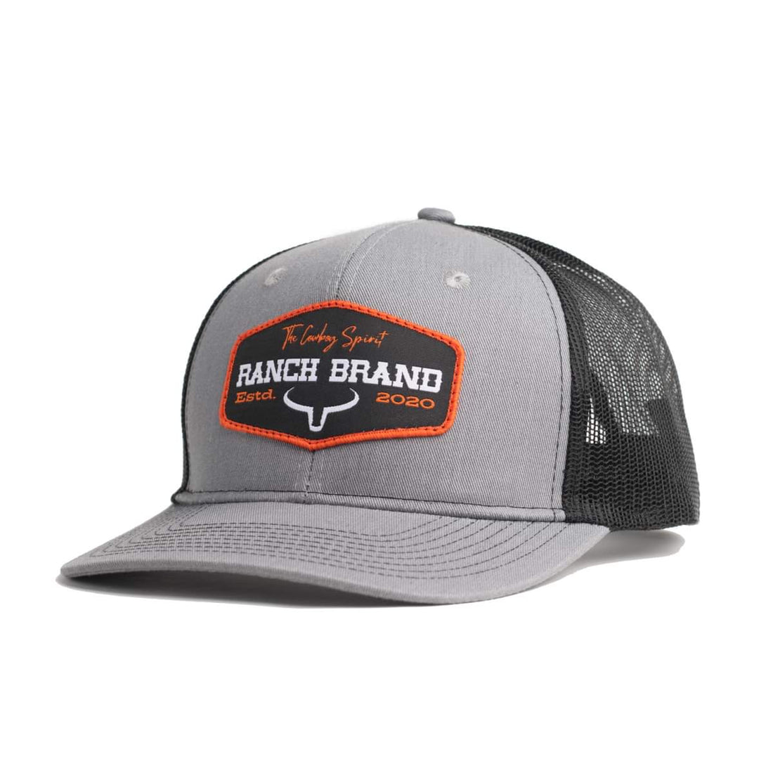 Casquette de camionneur western, de couleur gris, noir et orange. Avec logo Ranch Brand