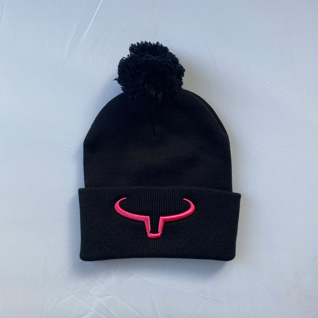 Pompom Hat | Black &amp; Black Fold | Logo Pink