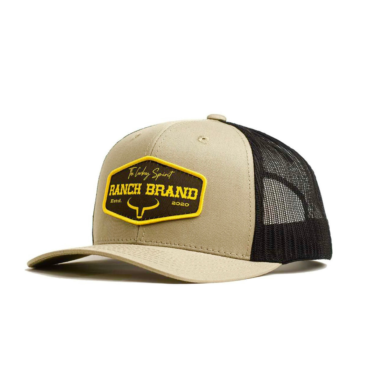 Casquette de camionneur western, de couleur beige, noir et jaune. Avec logo Ranch Brand