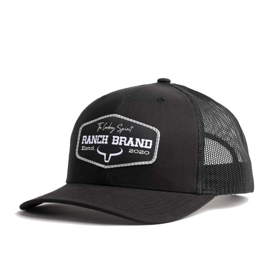 Casquette de camionneur western, de couleur noir et blanc. Avec logo Ranch Brand