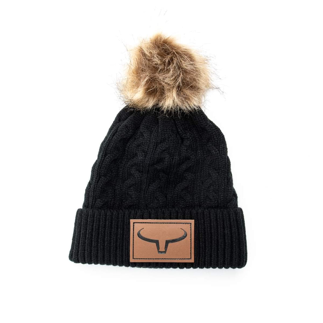 Fur Pom Pom Beanie | Black &amp; Leather Patch