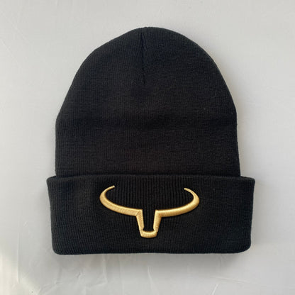 Beanie Hat | Black &amp; Black Flap | Logo Gold