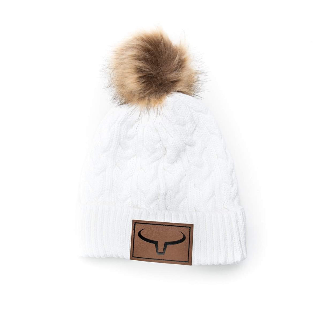 Tuque à Pompon Fourrure | Blanc &amp; Patch de Cuir