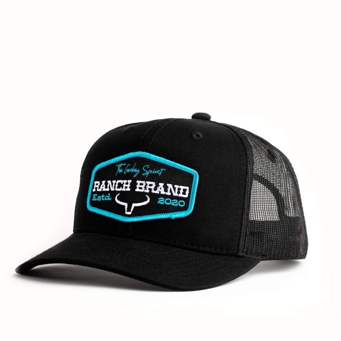 Casquette de camionneur western, de couleur noir et bleu. Avec logo Ranch Brand