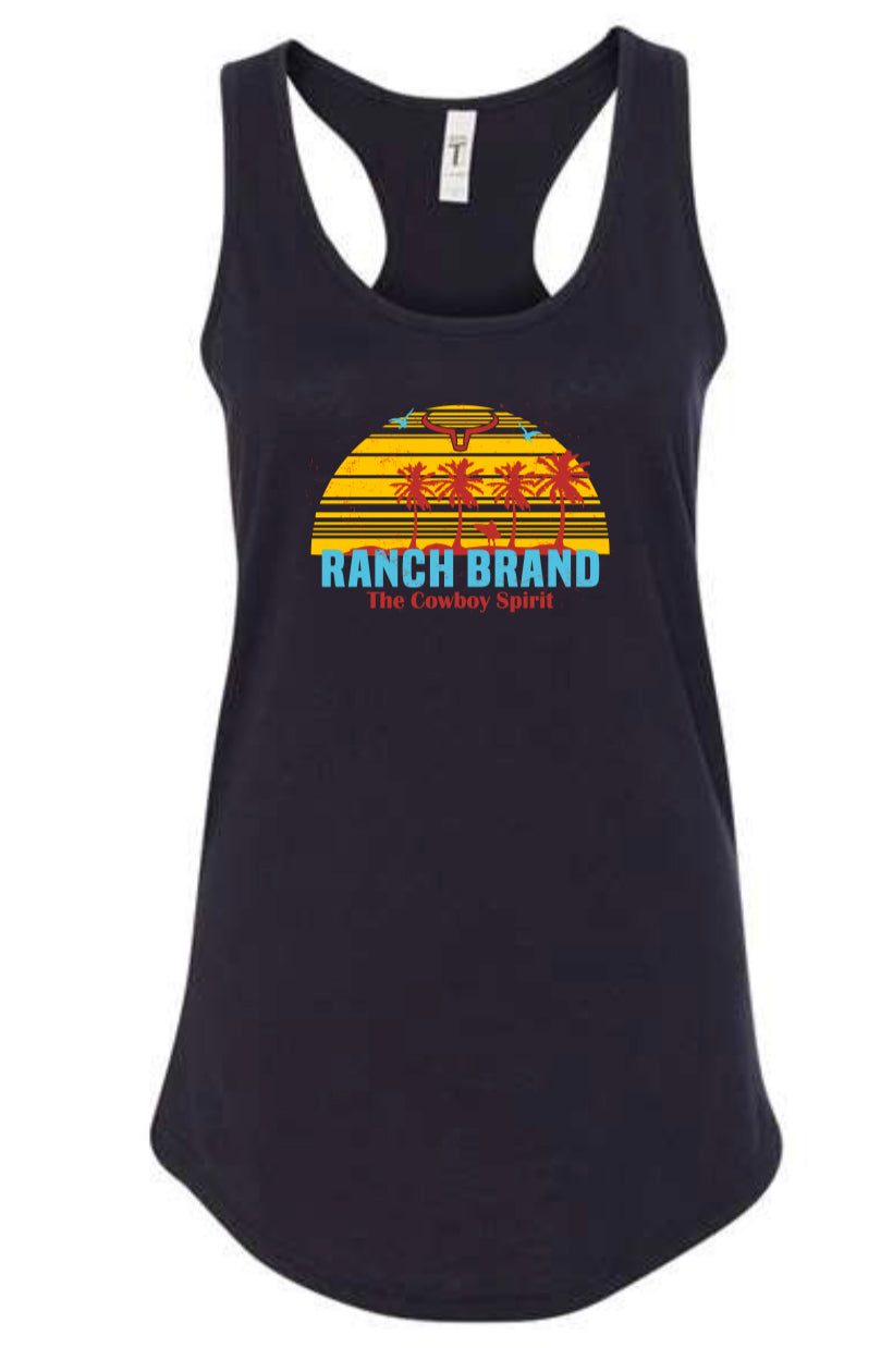 Camisole western noire, avec logo Ranch Brand jaune, rouge et bleu