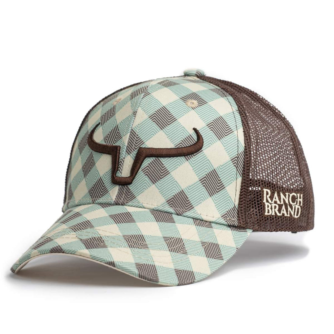 Casquette de camionneur western, de couleur marron et motif carreaux bleu, beige, marron. Avec logo Ranch Brand marron