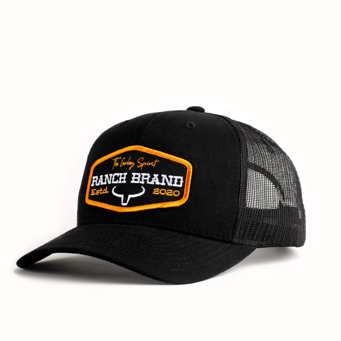 Casquette de camionneur western, de couleur noire et orange. Avec logo Ranch Brand