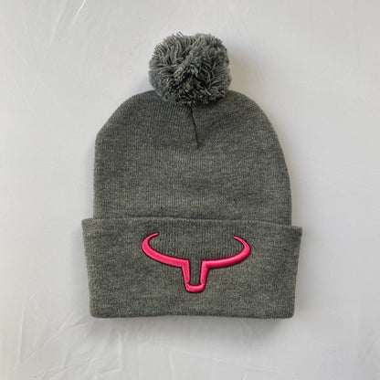 Pompom Hat | Gray &amp; Gray Flap | Logo Pink