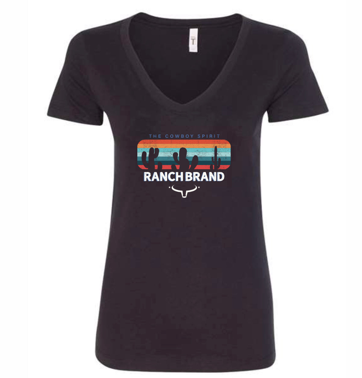 T-shirt western noir a col V, avec logo Ranch Brand orange, jaune, bleu