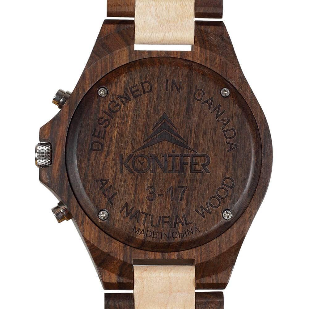 Montre en bois marron et beige a cadran rond. Vue arriere du cadran