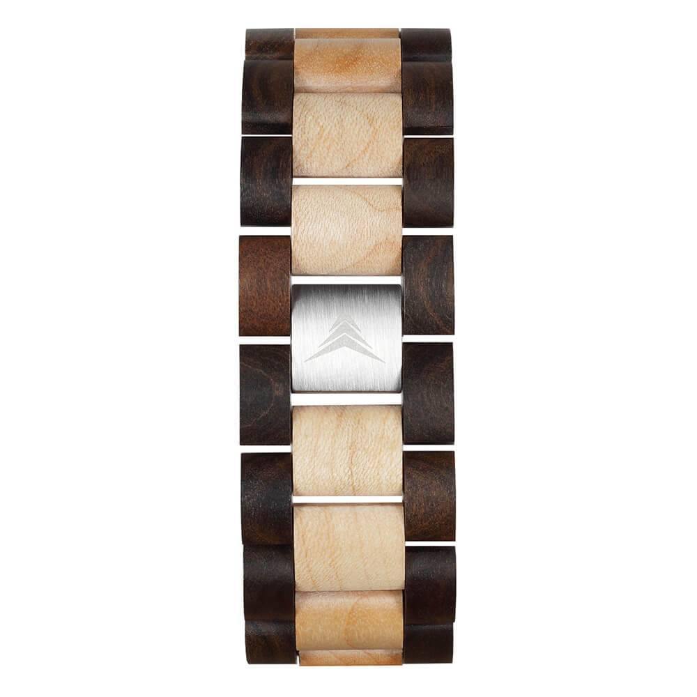 Montre en bois marron et beige a cadran rond. Vue du bracelet