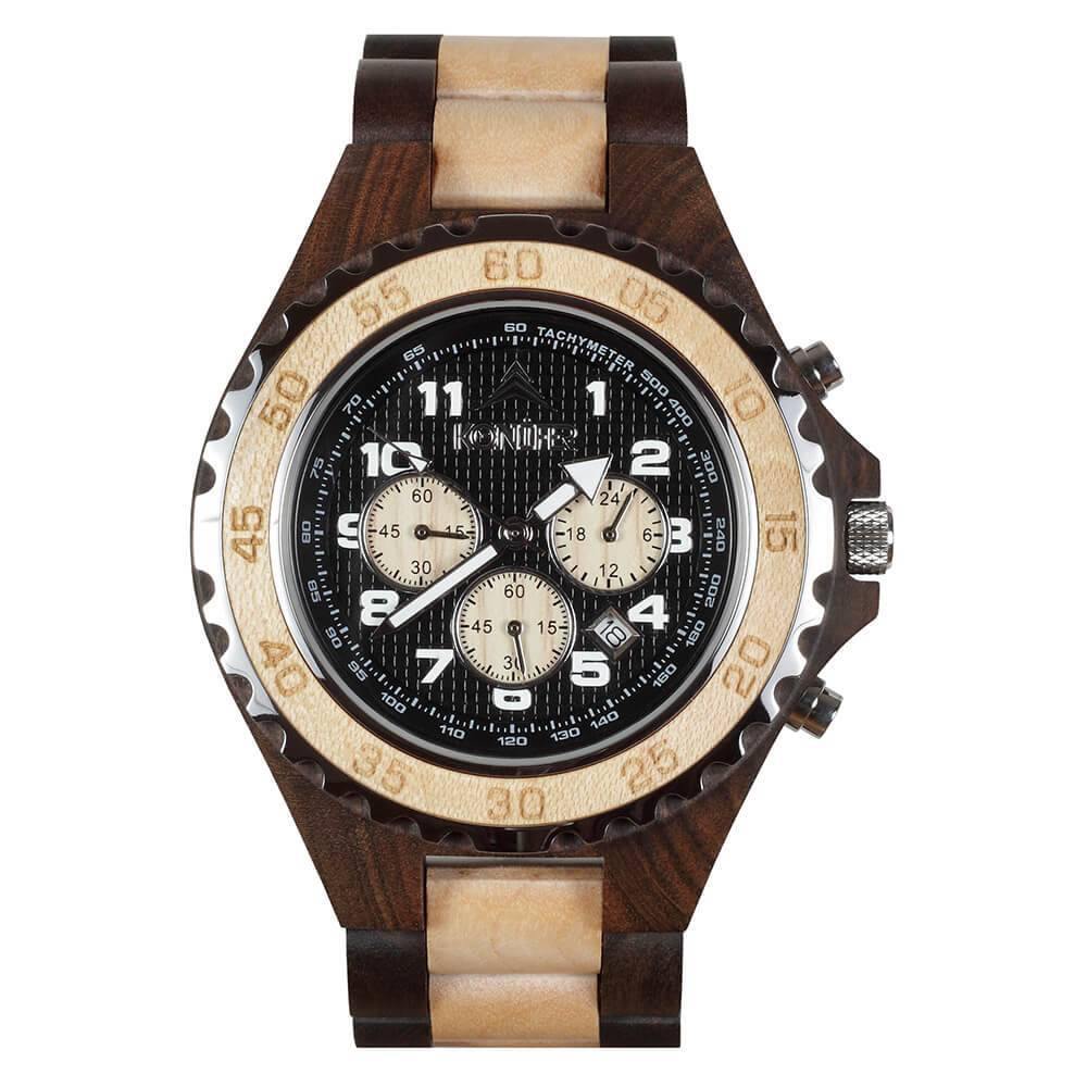 Montre en bois marron et beige a cadran rond. Vue du cadran