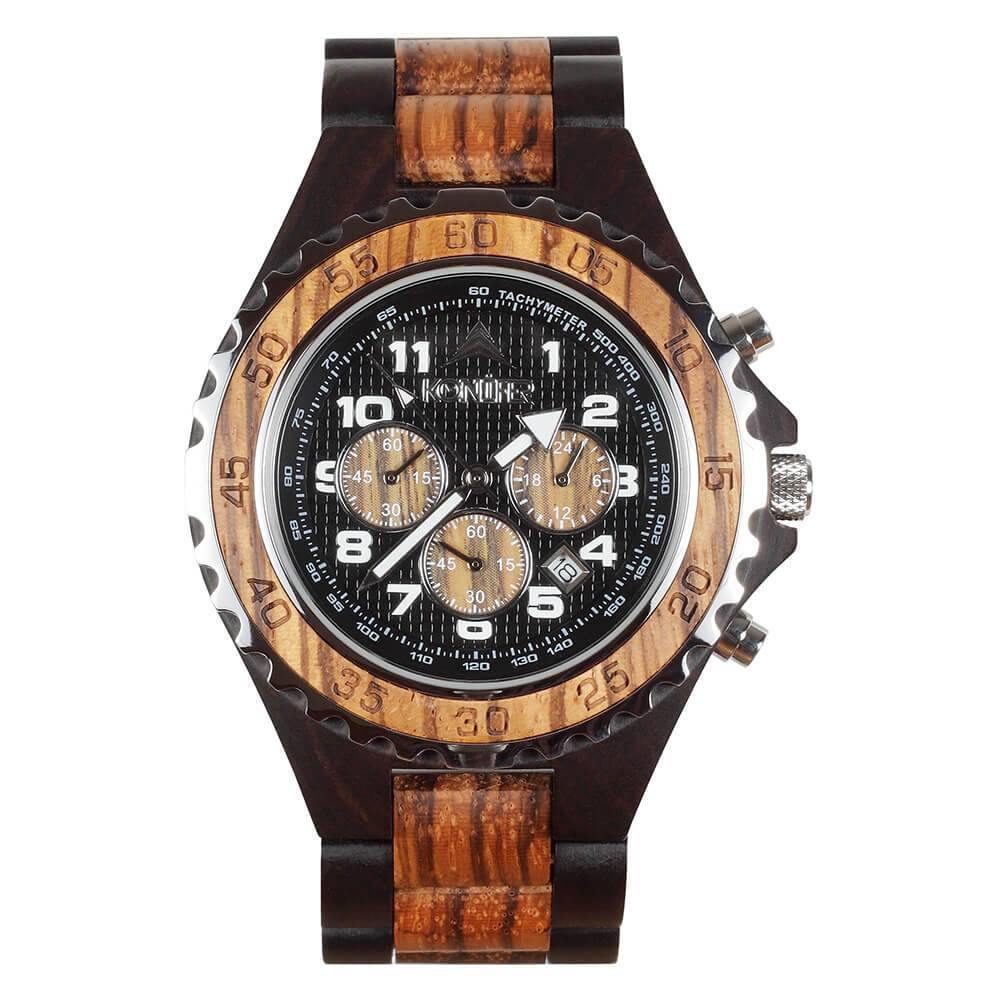 Montre en bois noir et zebre a cadran rond. Vue du cadran